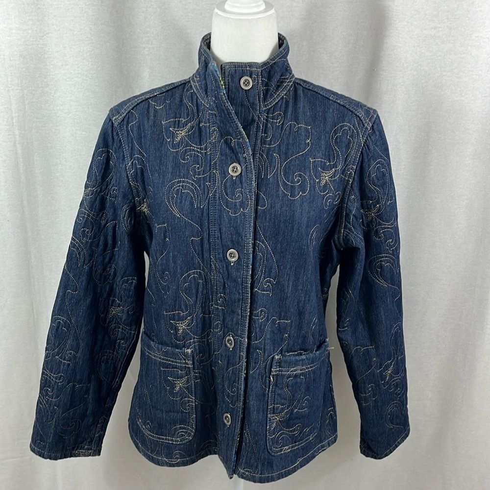 Chicos Reversible Quilted Denim Paisley Button Jacket Womens Size 2 Country Boho